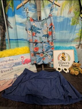 Basic Editions Blue Floral Ruffle Tankini Top with Navy Swim Skirt